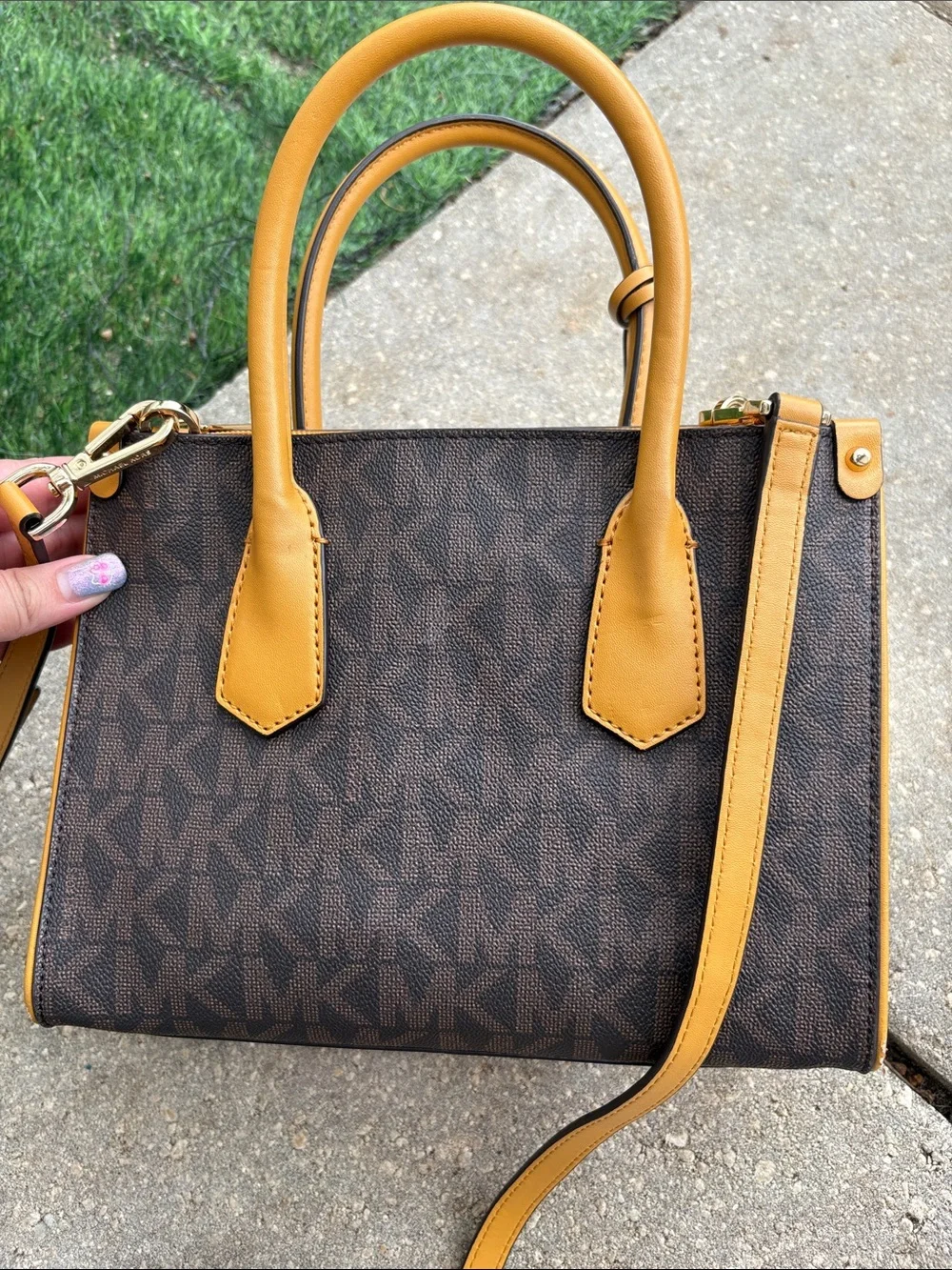 Michael Kors Brown Signature Satchel with Yellow and White Stripes